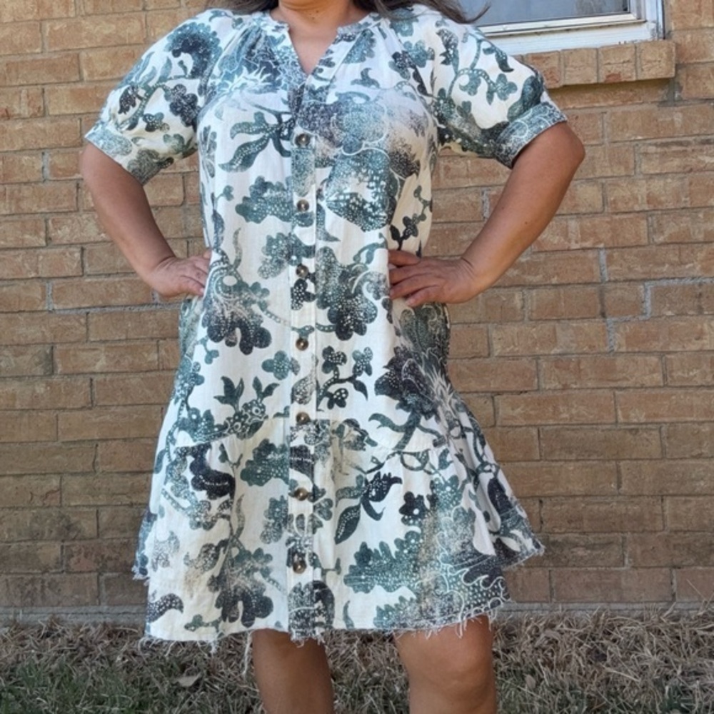 Pilcro Antropologie White Mini Dress with Green Floral Print